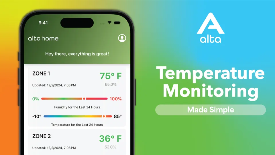 Alta promotional graphic: the Alta Home iPhone app showing temperature and humidity for two zones, next to the words “Temperature monitoring made simple.”