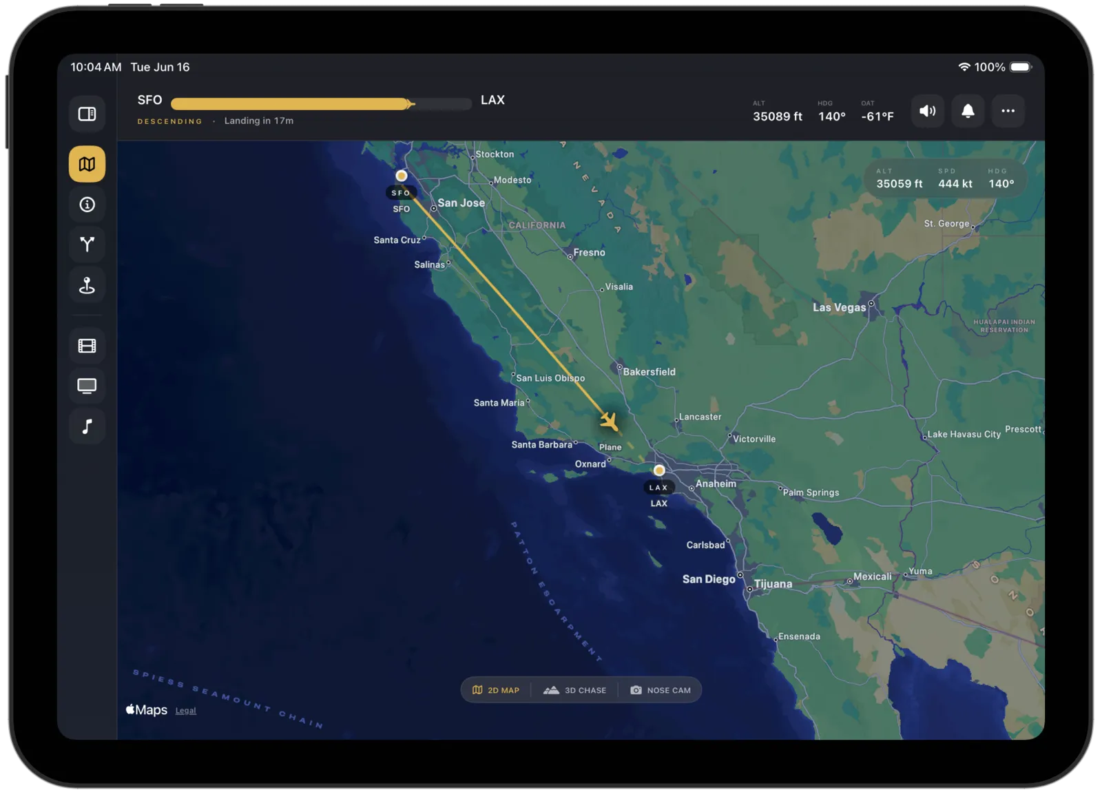 Apex IFE on iPad showing the moving map: a flight path from San Francisco to Los Angeles over the California coast, with altitude, speed, and heading above it.
