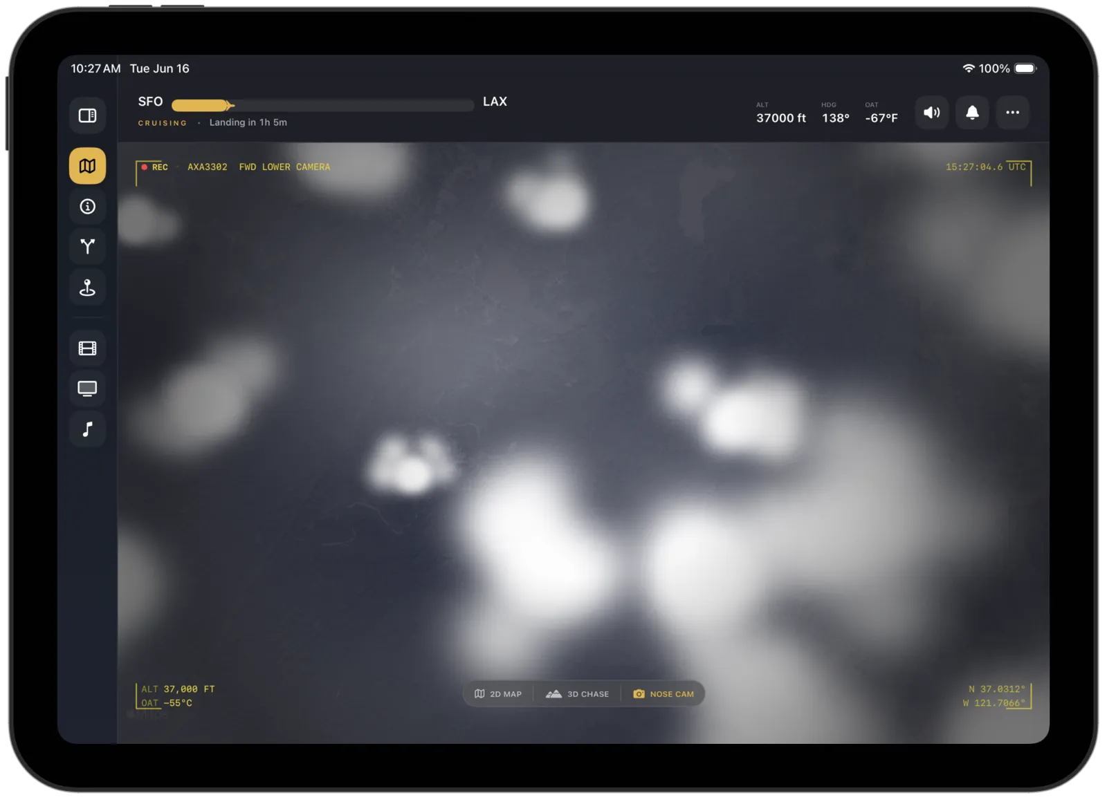 The Apex IFE nose camera view at cruising altitude: procedurally generated clouds below, with a recording indicator, altitude, temperature, and coordinates in the corners.