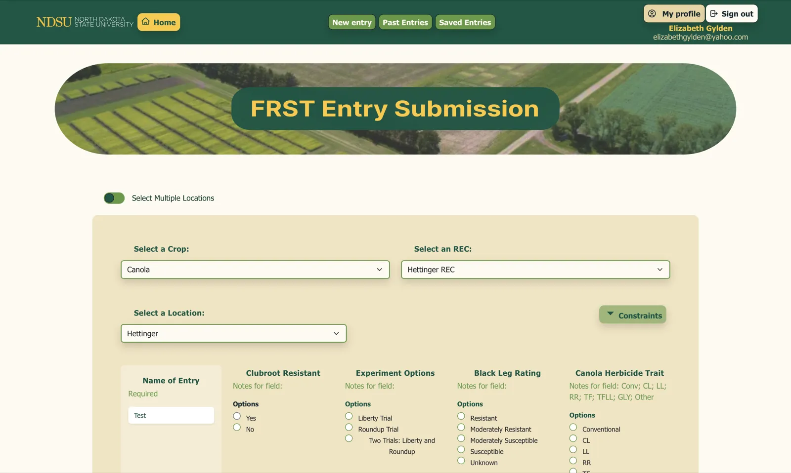 The original FRST entry page: a single entry form with crop, REC, and location dropdowns and columns of radio buttons for each trait.