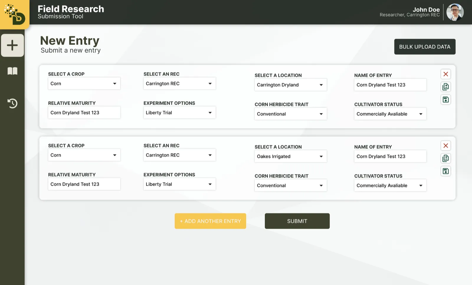 The Figma design for New Entry: two corn entries in a four-column grid with labeled selects, delete, duplicate, and save icons beside each, and Add Another Entry and Submit buttons.