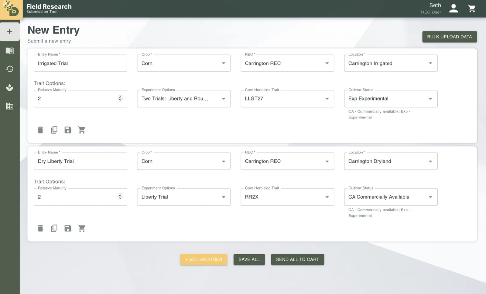 The shipped New Entry page with two corn entries, each with trait options as dropdowns and actions below.