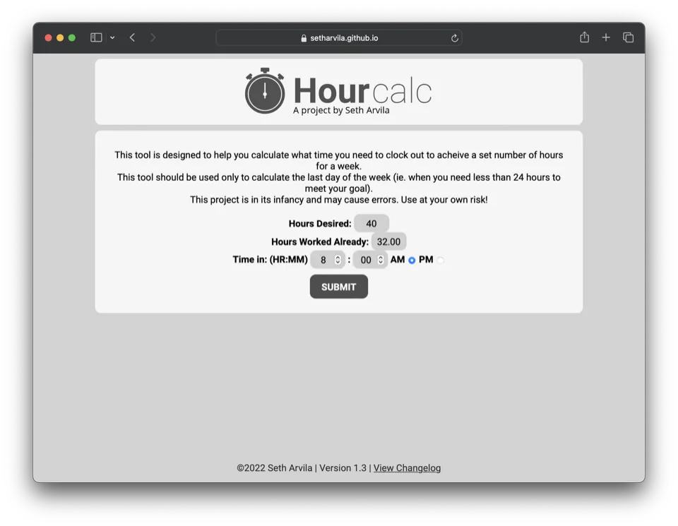 HourCalc in a browser: fields for hours desired, hours already worked, and clock-in time, with a Submit button.