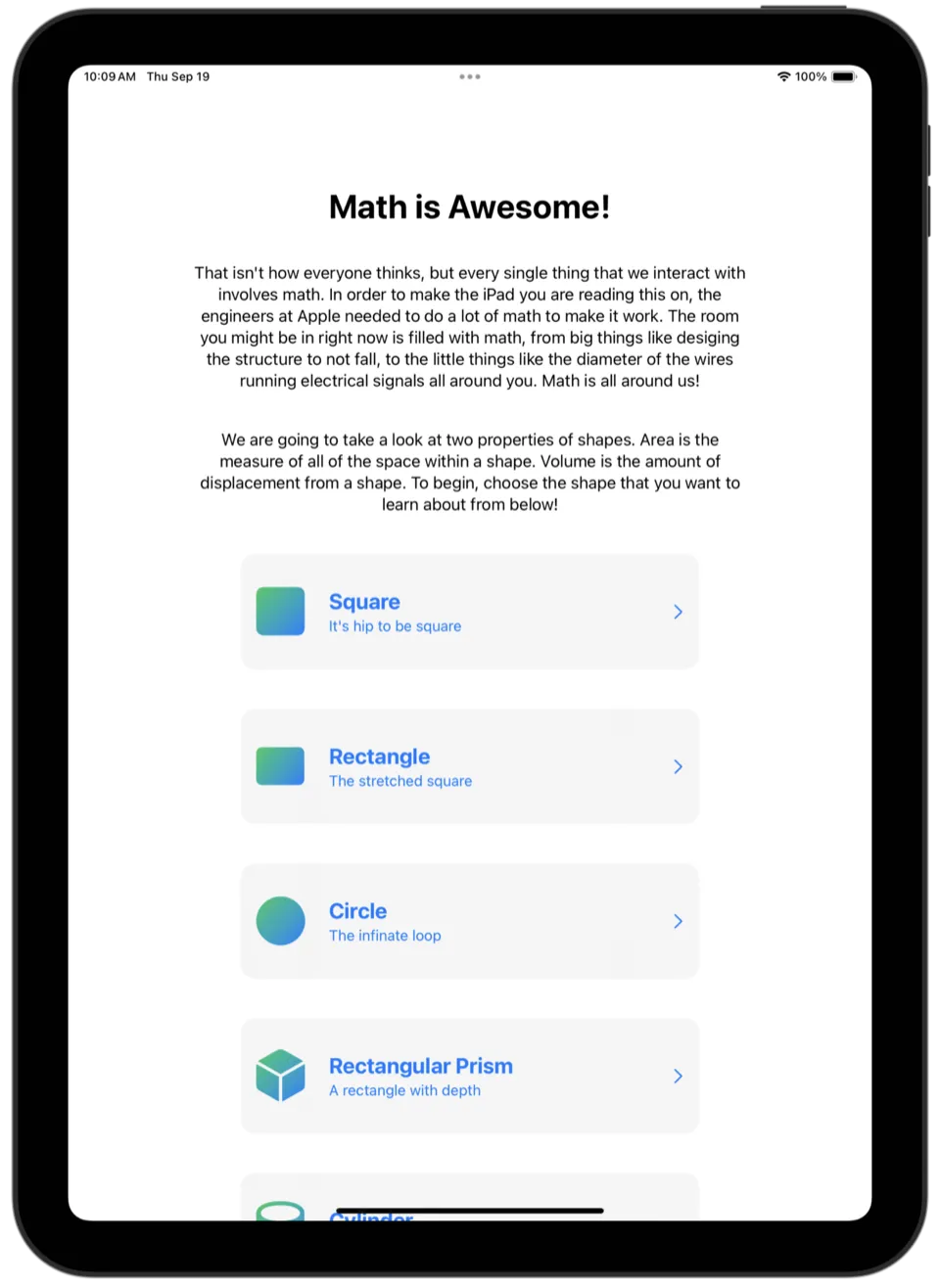 The Math Is Awesome home screen on iPad: a short introduction and a list of shapes to explore.