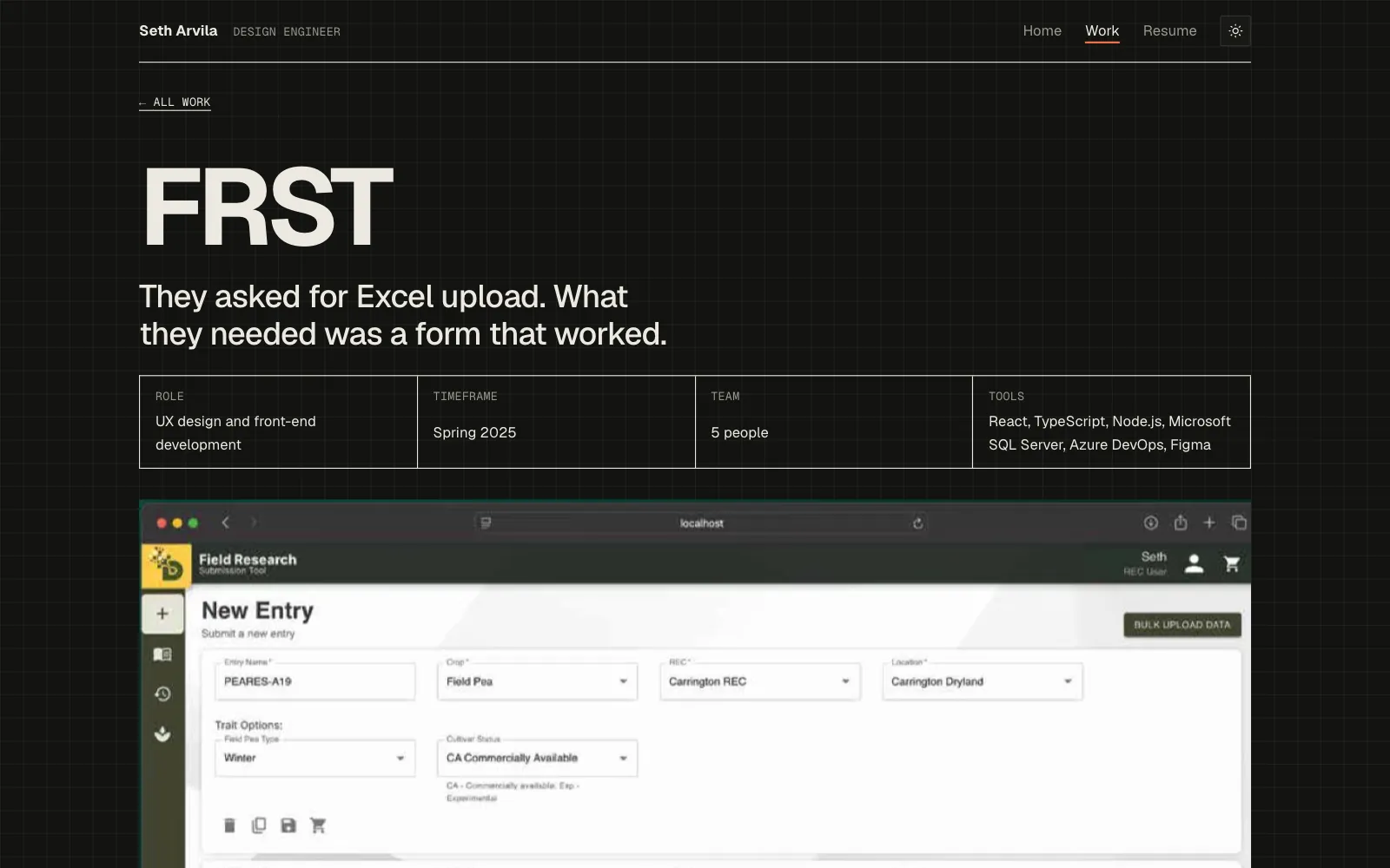 The FRST case study in dark mode, with its ruled title block.