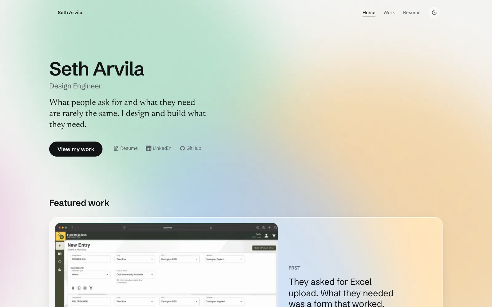 The first direction for the home page: frosted glass cards over drifting pastel color fields, with the name set large above the tagline.